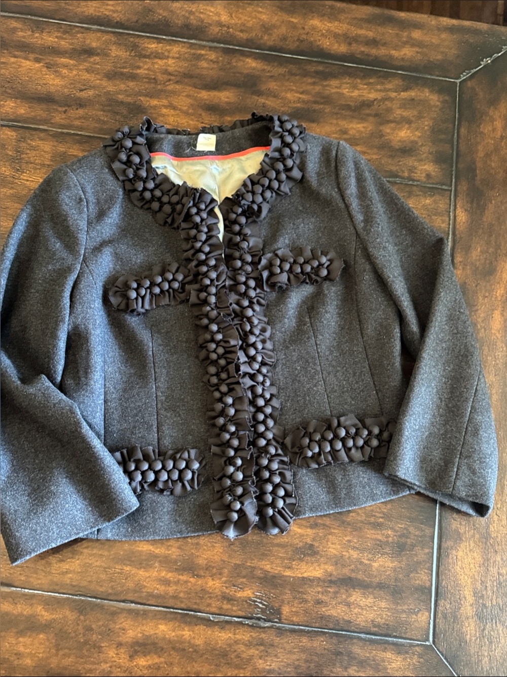 J. Crew Gray Wool-Blend Embellished Berry Trim Cropped Blazer Size 6